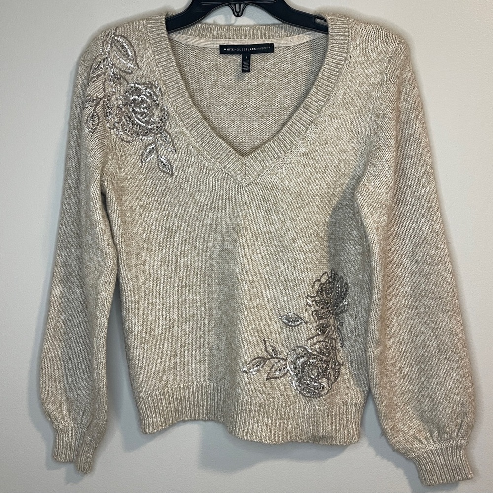 White House Black Market Womens V-Neck Embellished Beige Sweater